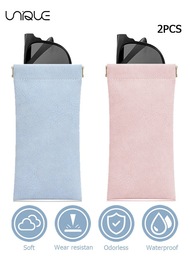 Unique 2 Pcs Sunglass Case - Portable Scratch Resistant Leather Glasses Case - Soft Leather Glasses Case - Travel Sunglasses Case for Women Men - Blue/Pink - Image 1