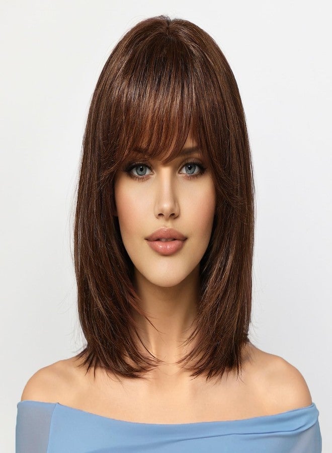 KKU 12 Inch Dark Brown Wigs Human Hair for Women, Remy Human Hair Wigs, Human Hair Wigs with Bangs - Image 1