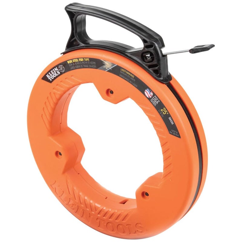Klein Tools 56335 شريط سمك كهربائي من الفولاذ المسطح، بطول 25 قدم وعرض 1/4 بوصة، طرف بلاستيكي نحيف، علامات محفورة بالليزر كل 1 قدم - Image 1