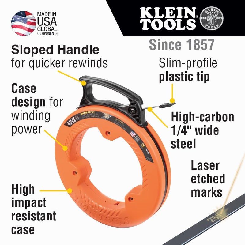Klein Tools 56335 شريط سمك كهربائي من الفولاذ المسطح، بطول 25 قدم وعرض 1/4 بوصة، طرف بلاستيكي نحيف، علامات محفورة بالليزر كل 1 قدم - Image 2