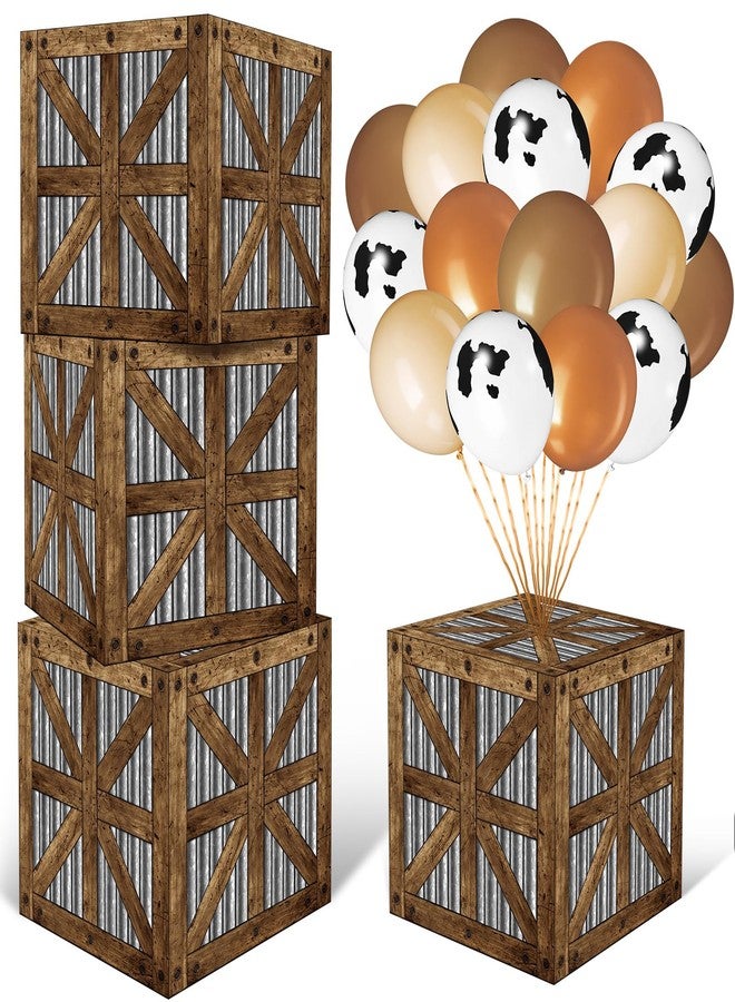 Realspring 16 Pcs Western Cowboy Party Decorations Includes 4 Pcs Wooden Bales Boxes 12 Pcs Cowboy Balloons for Boho Wild West Theme Party Western Farm Birthday Party Baby Shower Supplies - Image 1