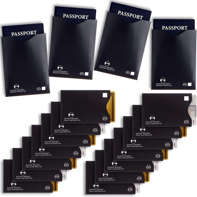 Alpine Rivers 18 RFID Blocking Sleeves Set: 14 Credit Card Holders and 4 Passport Protectors - Premium Identity Theft Protection for Men & Women. Slim Design Fits Wallets & Purses - Image 1