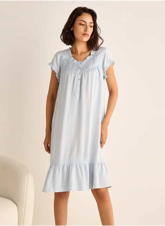 فاف Textured Round Neck Night Dress with Short Sleeves and Pintuck Detail
