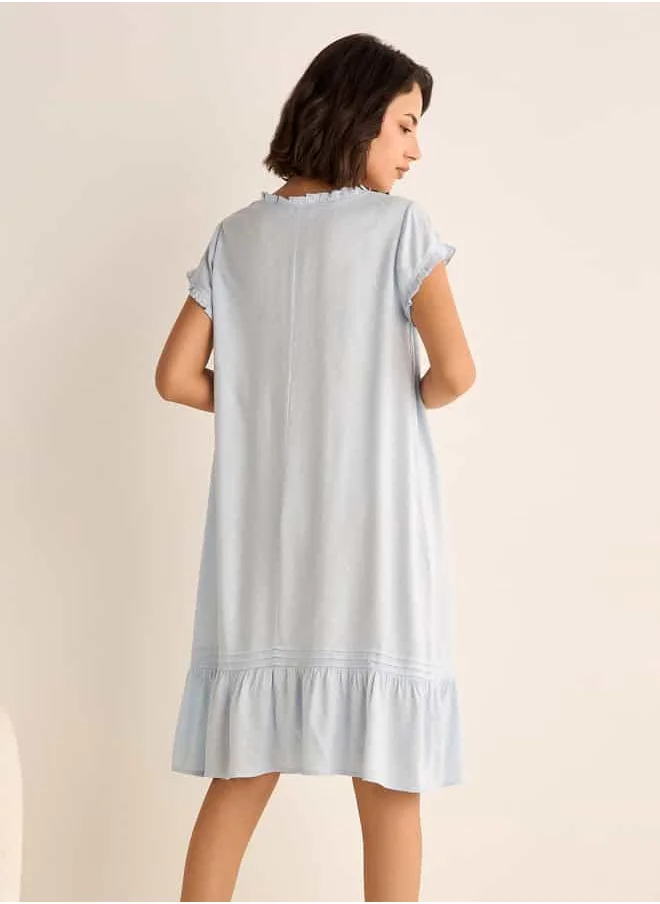 فاف Textured Round Neck Night Dress with Short Sleeves and Pintuck Detail