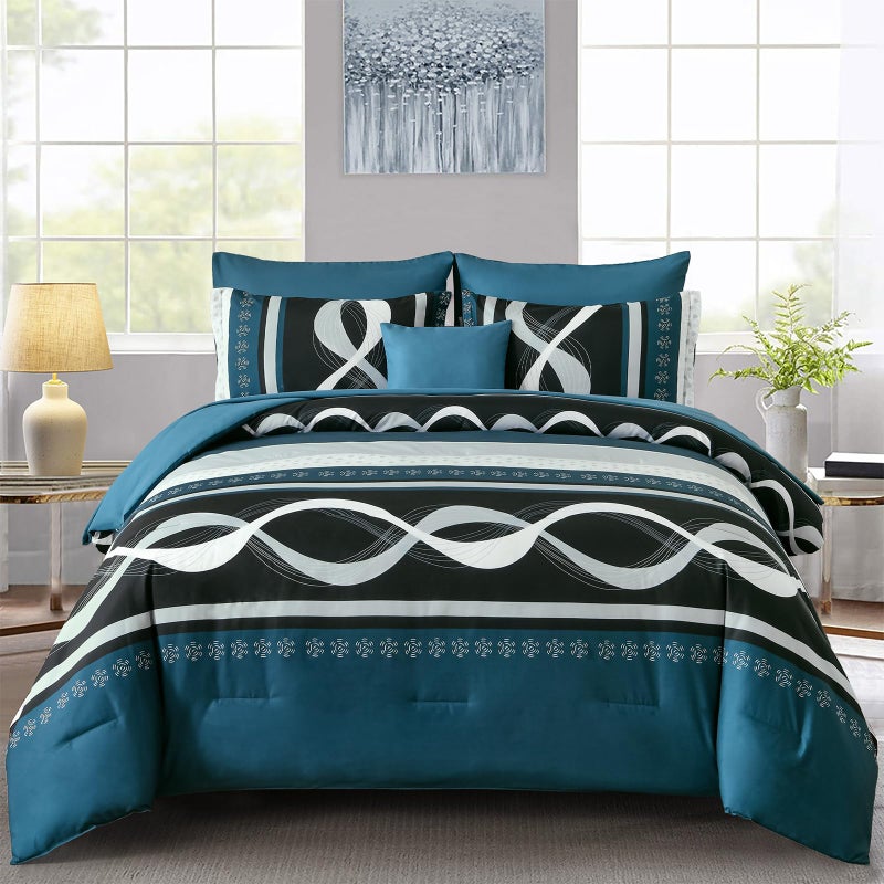 Anibedding Comforter Set Queen Size, 8 Piece Teal Boho Bed in a Bag, Striped Patchwork Comforter Bedding Set for All Season(90"Ã—90") - Image 1