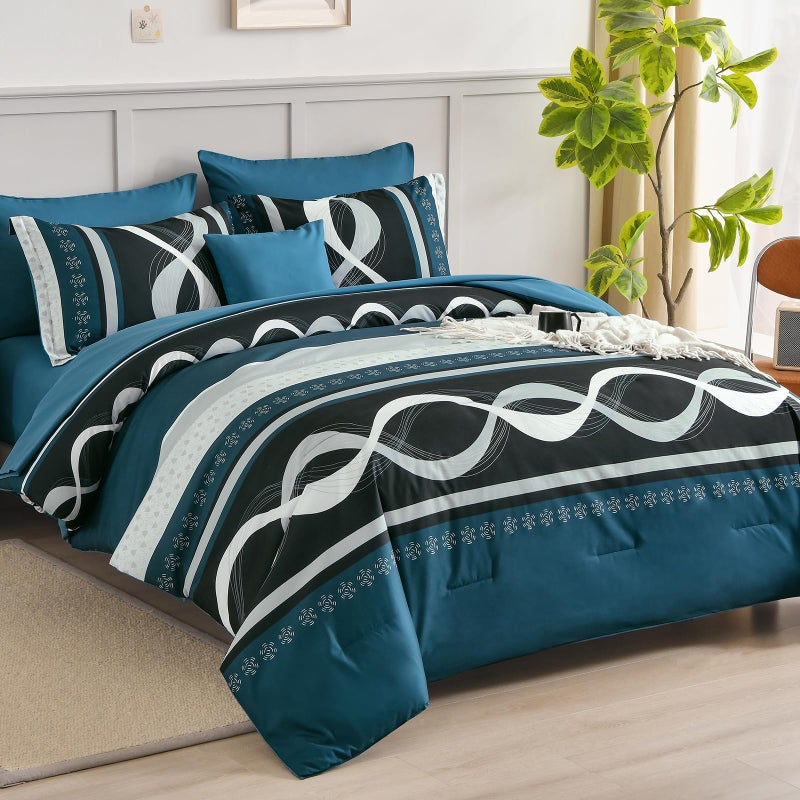 Anibedding Comforter Set Queen Size, 8 Piece Teal Boho Bed in a Bag, Striped Patchwork Comforter Bedding Set for All Season(90"Ã—90") - Image 3