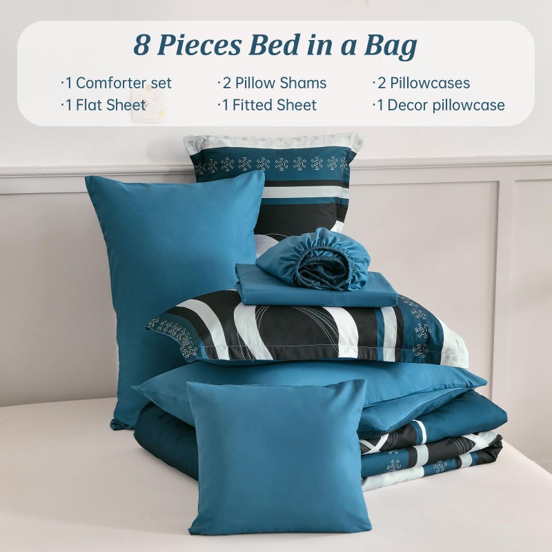 Anibedding Comforter Set Queen Size, 8 Piece Teal Boho Bed in a Bag, Striped Patchwork Comforter Bedding Set for All Season(90"Ã—90") - Image 4