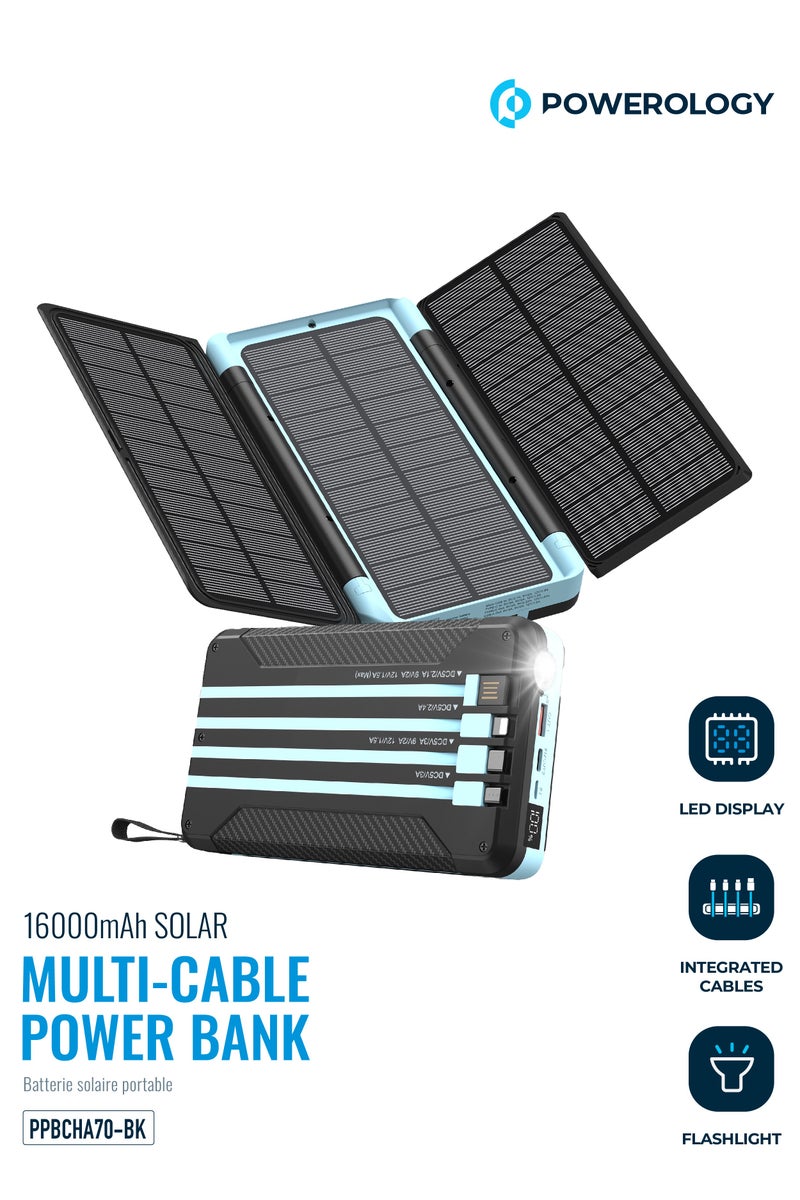 باورولوجي بنك طاقة شمسي بسعة 16000 مللي أمبير مع كابلات مدمجة / شحن سريع PD بقوة 20 واط / 4 كابلات مدمجة / بنك طاقة مزود بمصباح يدوي وشاشة LED / بنك طاقة محمول للتخييم - أسود / أزرق فاتح - Image 4