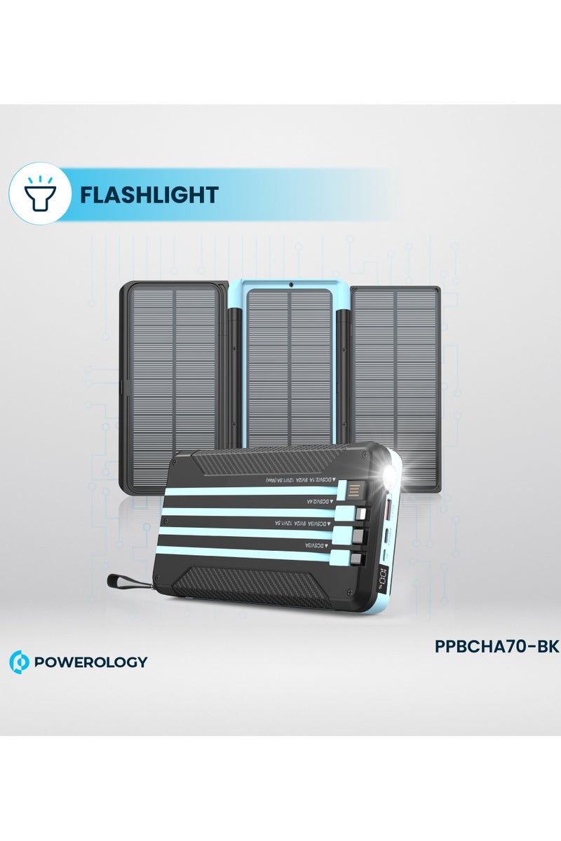 باورولوجي بنك طاقة شمسي بسعة 16000 مللي أمبير مع كابلات مدمجة / شحن سريع PD بقوة 20 واط / 4 كابلات مدمجة / بنك طاقة مزود بمصباح يدوي وشاشة LED / بنك طاقة محمول للتخييم - أسود / أزرق فاتح - Image 5