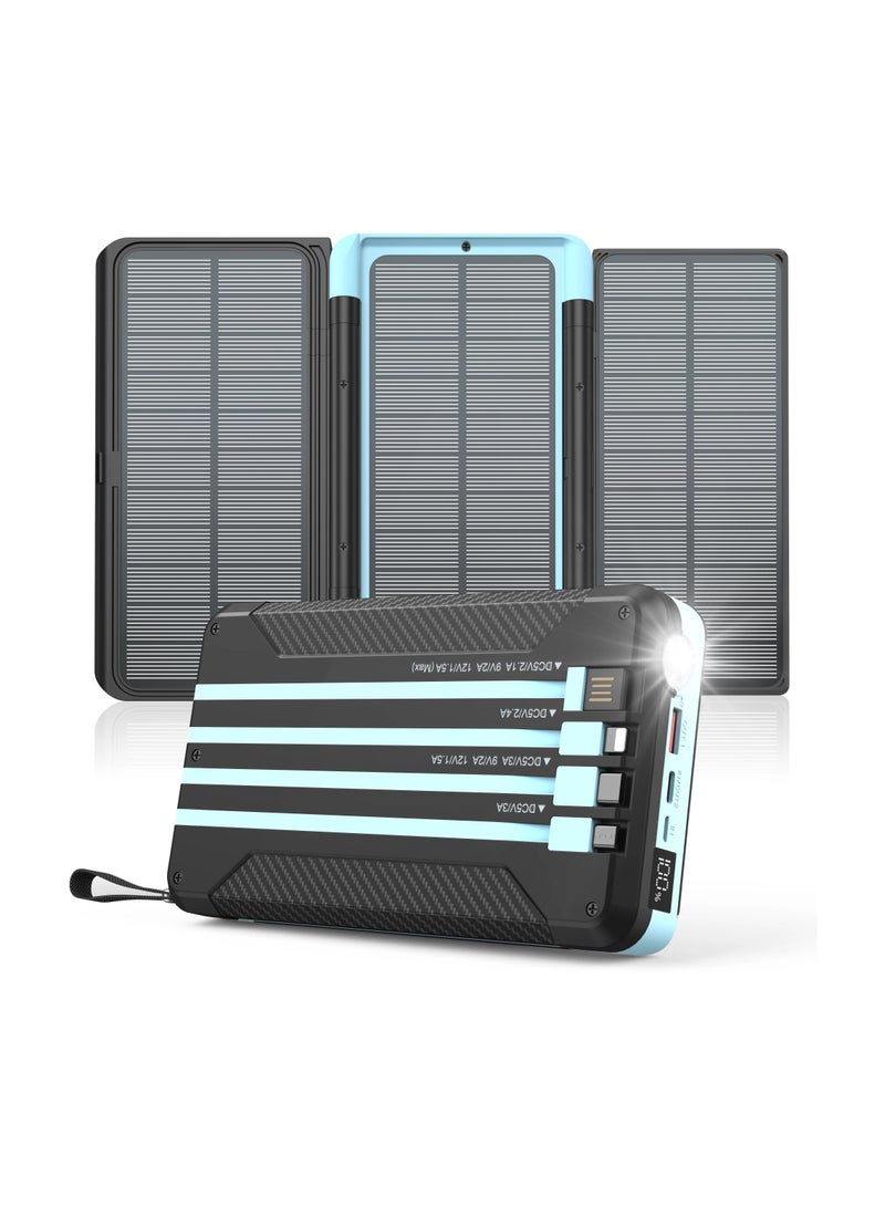 باورولوجي بنك طاقة شمسي بسعة 16000 مللي أمبير مع كابلات مدمجة / شحن سريع PD بقوة 20 واط / 4 كابلات مدمجة / بنك طاقة مزود بمصباح يدوي وشاشة LED / بنك طاقة محمول للتخييم - أسود / أزرق فاتح - Image 1