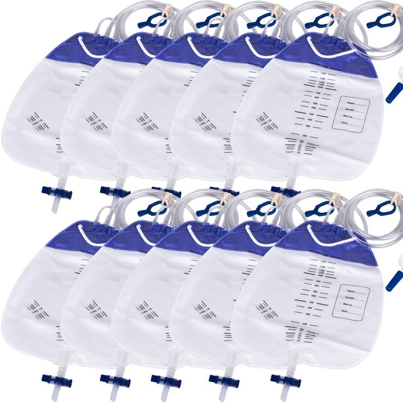 MINIVON 10 Pack Urinary Drainage Bag with AntiReflux Chamber  1500mL Urine Bags with 48 Tube Drainage Clips and Hanging Hook Urinary Bag with SplashResistant Drain Spout for Health Aids - Image 1