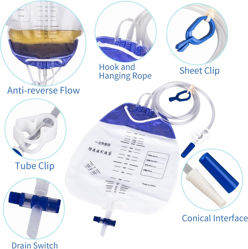 MINIVON 10 Pack Urinary Drainage Bag with AntiReflux Chamber  1500mL Urine Bags with 48 Tube Drainage Clips and Hanging Hook Urinary Bag with SplashResistant Drain Spout for Health Aids - Image 4