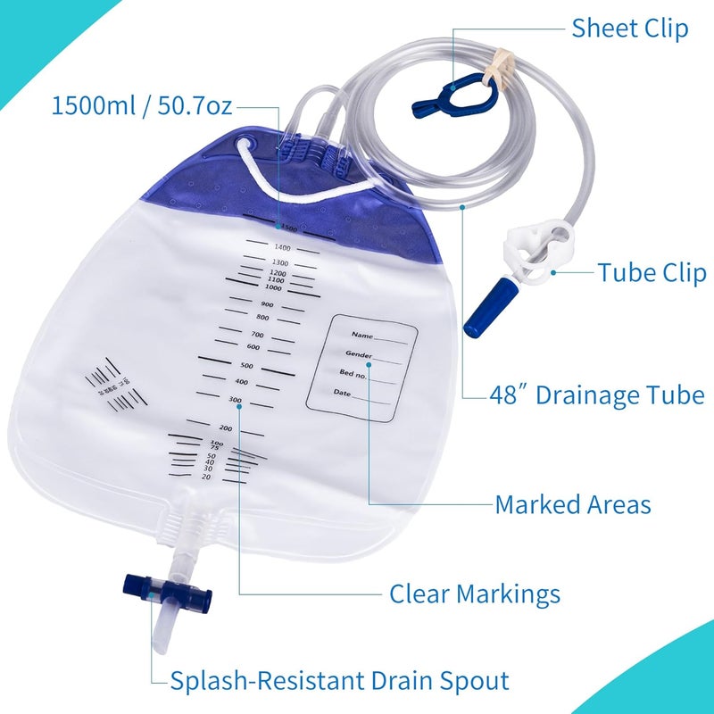 MINIVON 10 Pack Urinary Drainage Bag with AntiReflux Chamber  1500mL Urine Bags with 48 Tube Drainage Clips and Hanging Hook Urinary Bag with SplashResistant Drain Spout for Health Aids - Image 2
