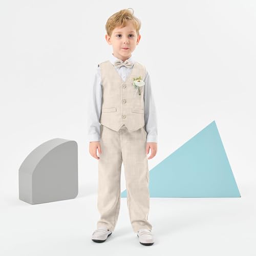 Volunboy Baby Boys Formal Suits Long Sleeve Dress Outfits Tuxedo 24 Months Beige Bowtie Vest Wedding Ring Bearer Gentleman Pants Set (Beige, 18-24 Months) - Image 3