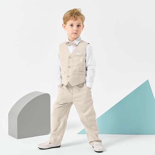 Volunboy Baby Boys Formal Suits Long Sleeve Dress Outfits Tuxedo 24 Months Beige Bowtie Vest Wedding Ring Bearer Gentleman Pants Set (Beige, 18-24 Months) - Image 4