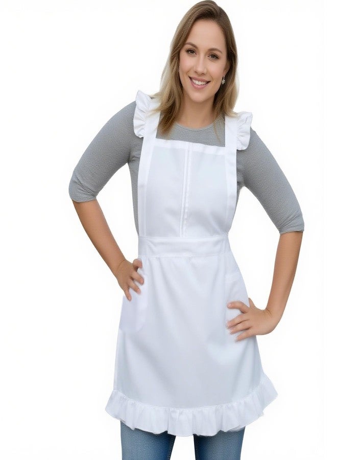 Love Potato Retro Style Cotton Kitchen Apron for Women - Adjustable Cross Back Ties, 2 Pockets - White - Image 1