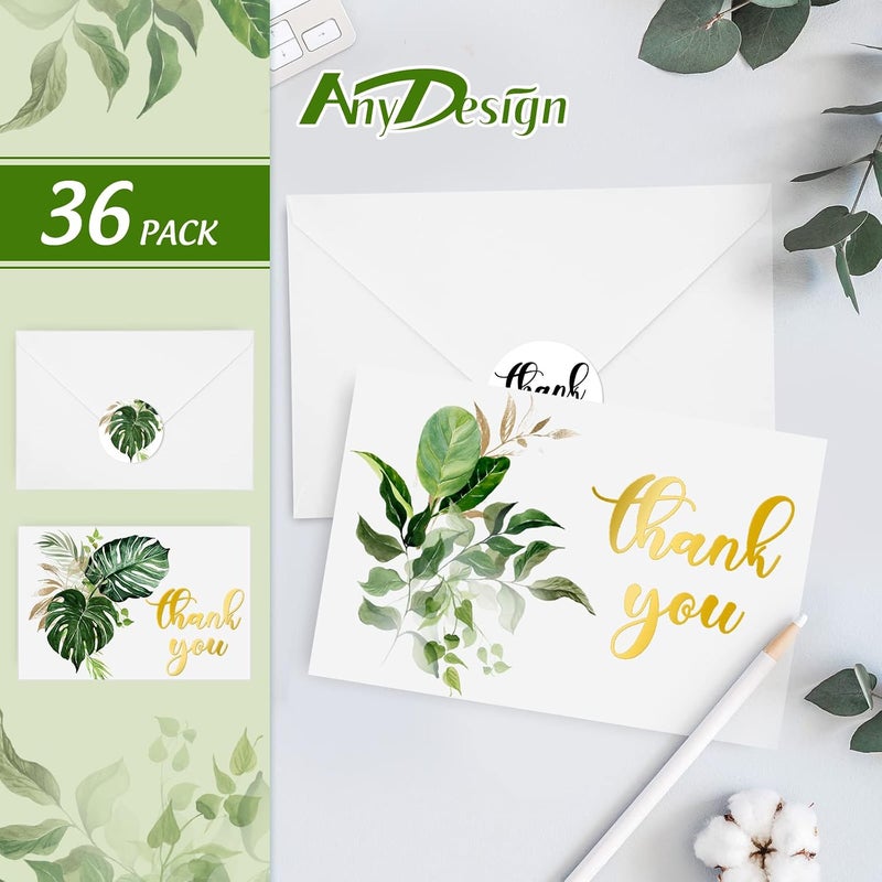 AnyDesign 36 Pack Summer Thank You Cards Bulk Tropical Palm Leaves Thank You Note Cards with Stickers Envelopes Gold Foil Thank You Greeting Cards for Baby Shower Wedding Birthday Party Graduation - Image 3