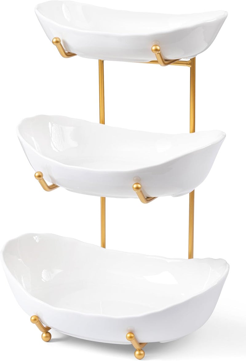 hblife وعاء فواكه HBlife لسطح المطبخ 3 طبقات وعاء فواكه خزفي مع حامل معدني سلة فواكه متعددة الطبقات لتخزين الفواكه والخضروات وصينية الحلويات والوجبات الخفيفة لحفلات الشواء - Image 1