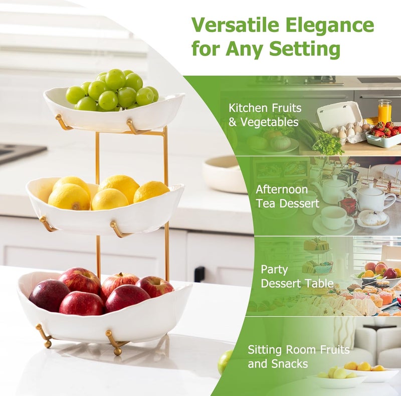 hblife وعاء فواكه HBlife لسطح المطبخ 3 طبقات وعاء فواكه خزفي مع حامل معدني سلة فواكه متعددة الطبقات لتخزين الفواكه والخضروات وصينية الحلويات والوجبات الخفيفة لحفلات الشواء - Image 4