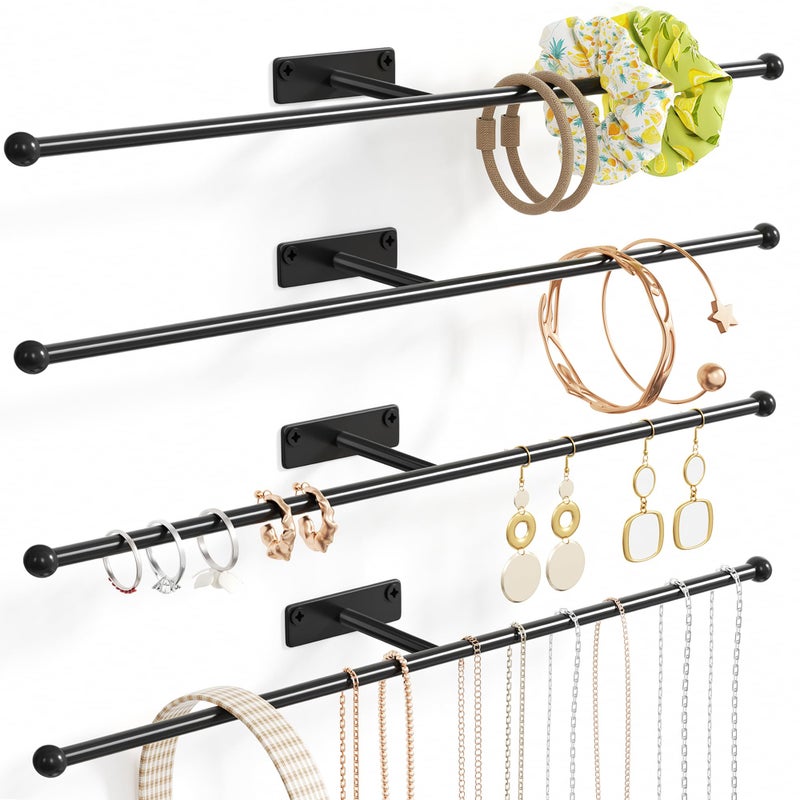 Josmimic Wall Hanging Jewelry Organizer: 12.6'' Necklace Holder for Earring, Bracelet, Rings, Hairband, Glasses, Black 4-Pack, Screws Included - Image 1
