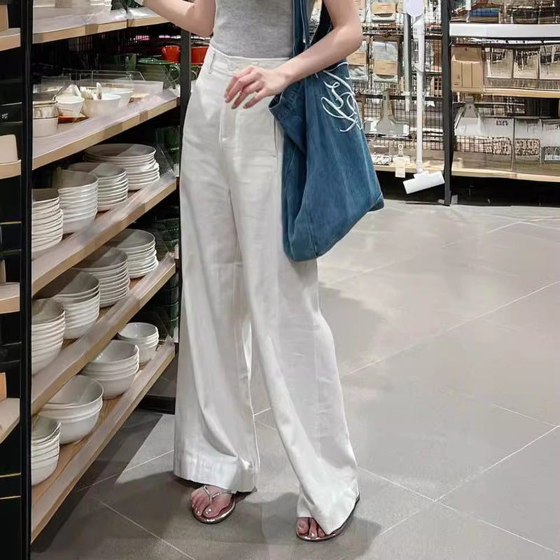 Summer Style Small White Cotton And Linen Wide-Leg Pants High-Waist Draped Slim Straight Casual Pants For Women - Image 3