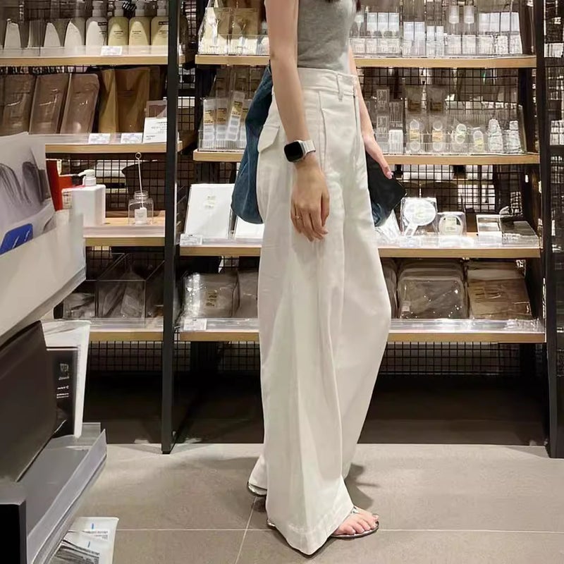 Summer Style Small White Cotton And Linen Wide-Leg Pants High-Waist Draped Slim Straight Casual Pants For Women - Image 2