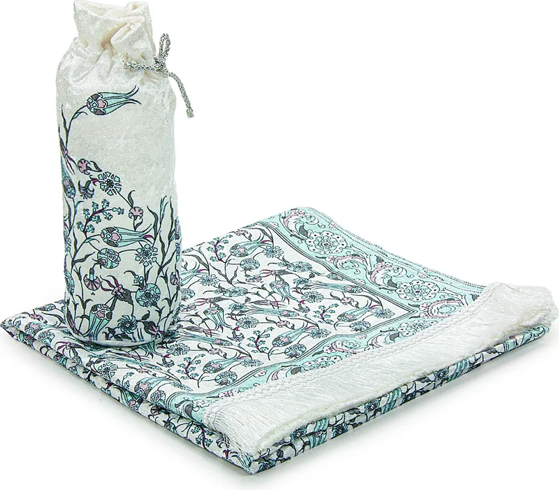 İhvan Online Silk Textured Tulip Embroidered Prayer Rug with Carrying Bag - Mint Green