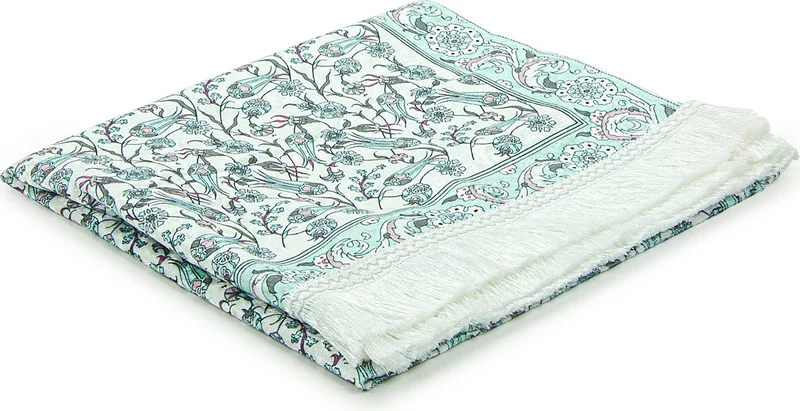İhvan Online Silk Textured Tulip Embroidered Prayer Rug with Carrying Bag - Mint Green