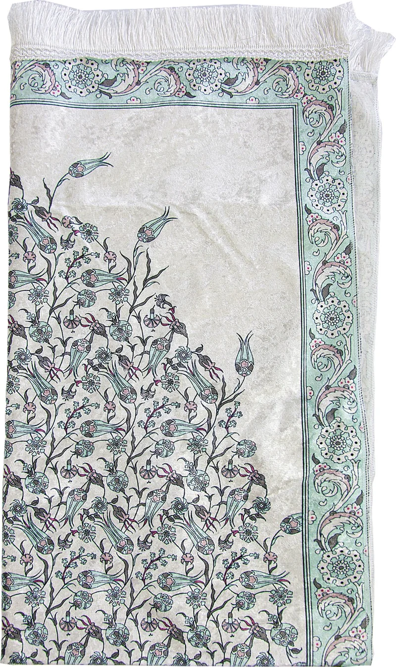 İhvan Online Silk Textured Tulip Embroidered Prayer Rug with Carrying Bag - Mint Green