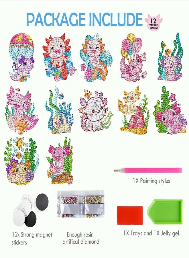 INCOK Axolotl Diamond Painting Magnets Refrigerator - 12 PCS DIY Salamander Diamond Art Magnet Kit Gem Art Pink Fridge Stickers Set for Adults Beginners Home Aesthetic Cute Animal Decor - Image 4