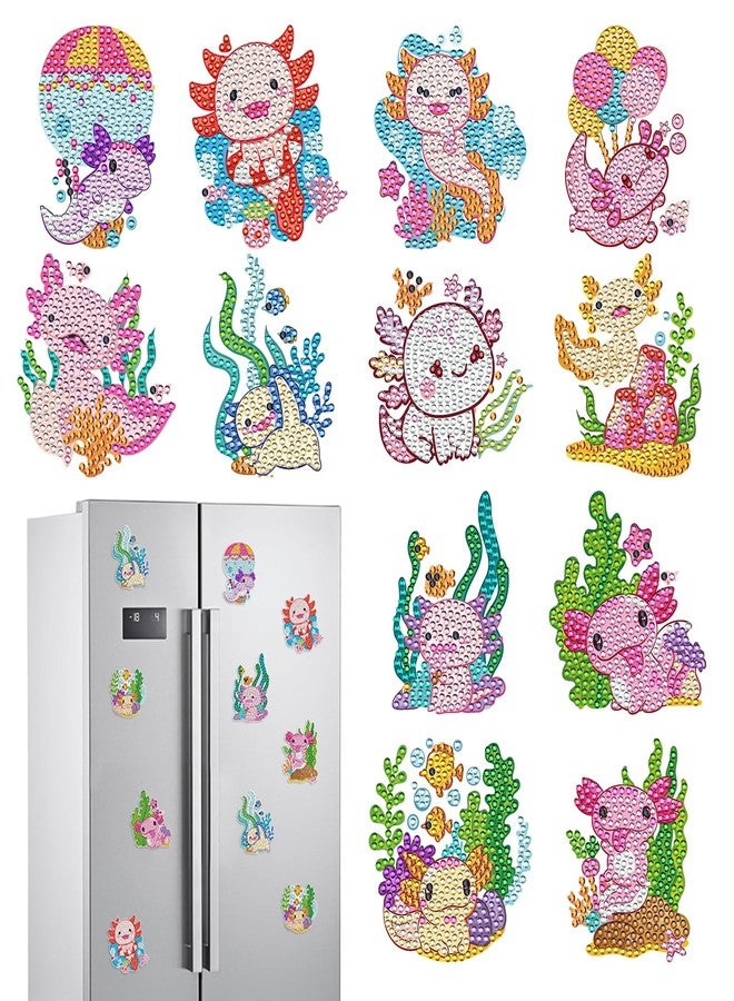 INCOK Axolotl Diamond Painting Magnets Refrigerator - 12 PCS DIY Salamander Diamond Art Magnet Kit Gem Art Pink Fridge Stickers Set for Adults Beginners Home Aesthetic Cute Animal Decor - Image 1