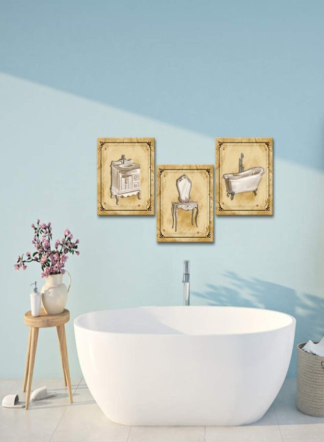 Derkymo 3 Pieces Bathroom Picture Wall Decor Vintage Classic Elegant Bath Tub Art Prints Bathroom Canvas Wall Art Prints Framed Ready to Hang 12"x12"x3pcs - Image 3