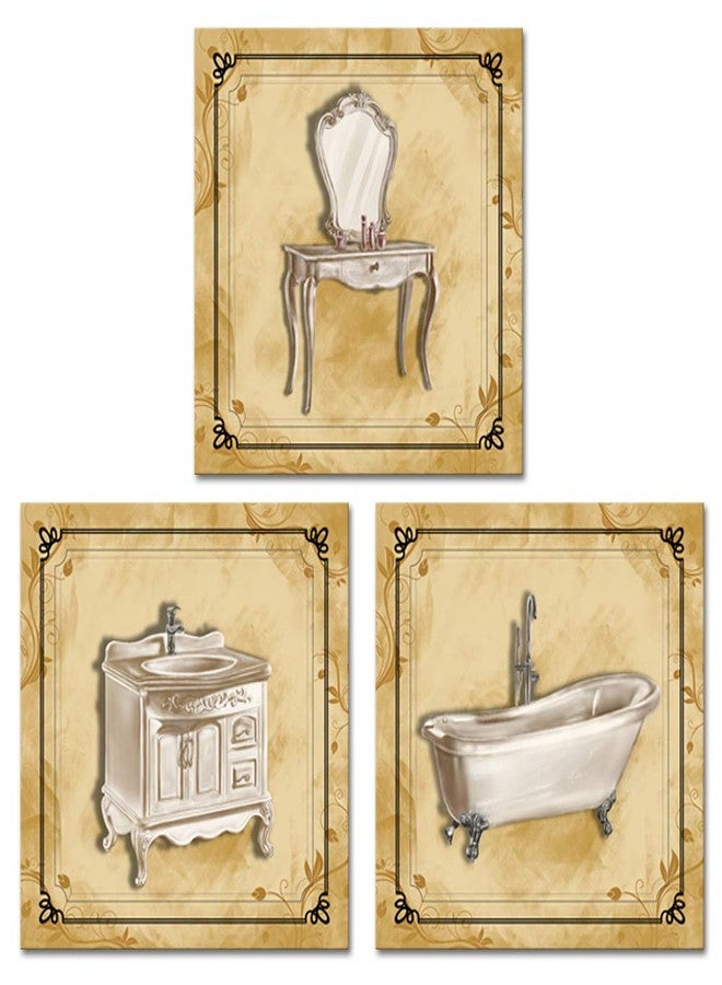 Derkymo 3 Pieces Bathroom Picture Wall Decor Vintage Classic Elegant Bath Tub Art Prints Bathroom Canvas Wall Art Prints Framed Ready to Hang 12"x12"x3pcs - Image 1