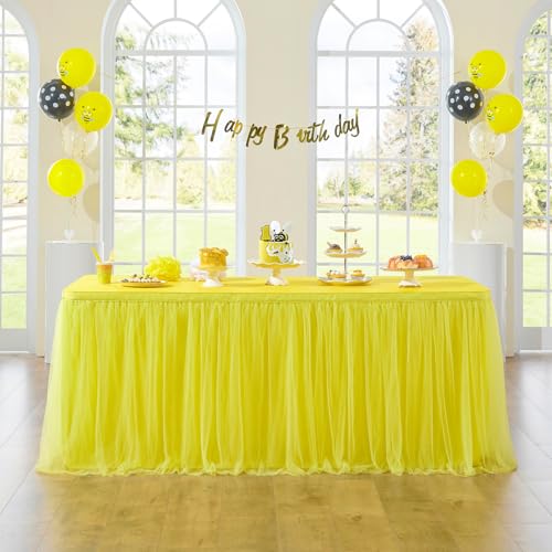 NSSONBEN 167in Yellow Tulle Table Skirts for Rectabgle Tables 6/8ft, 2-Layer Gold Grim Ruffle Tulle Tutu Cloth Table Skirt 14ft Decor Bee Themed Birthday Party Wedding Baby Shower Cake Dessert(No Table Cover) - Image 1
