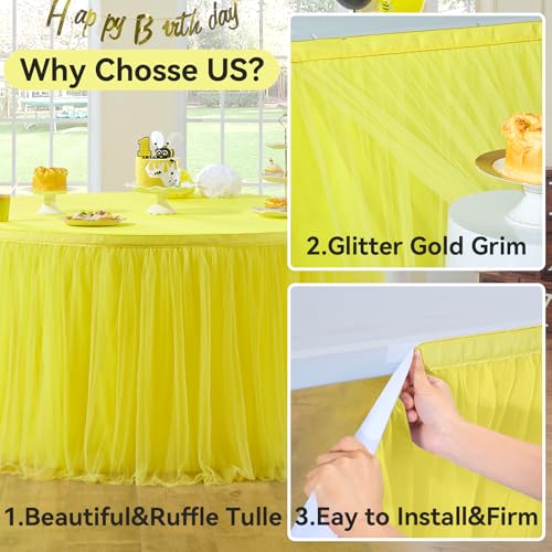 NSSONBEN 167in Yellow Tulle Table Skirts for Rectabgle Tables 6/8ft, 2-Layer Gold Grim Ruffle Tulle Tutu Cloth Table Skirt 14ft Decor Bee Themed Birthday Party Wedding Baby Shower Cake Dessert(No Table Cover) - Image 4