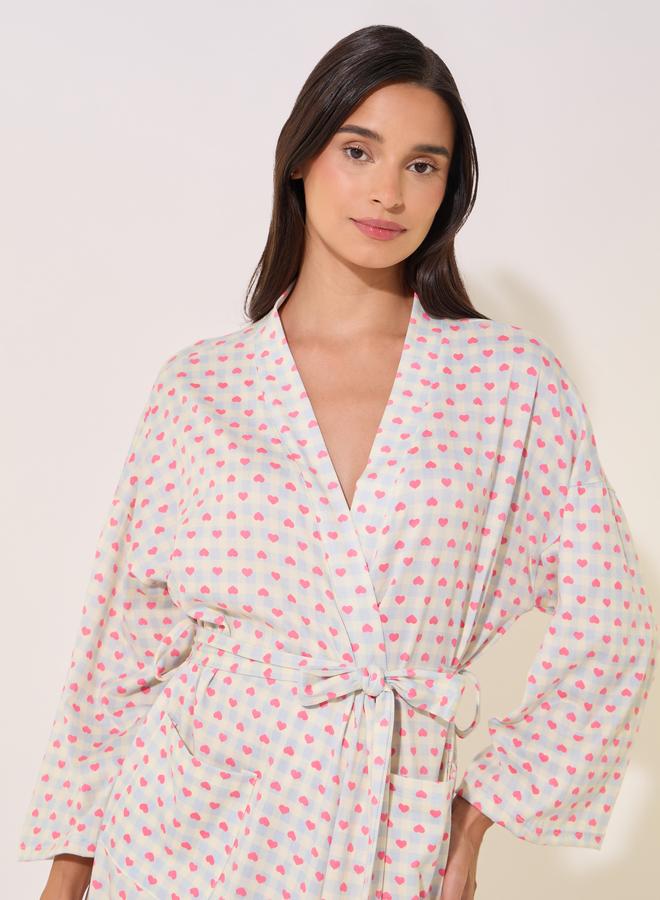 Take Two Printed Long Sleeve Waist Tie-Up Robe - Image 4