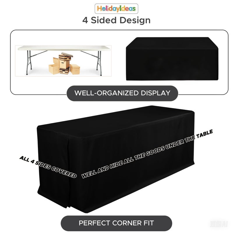 HolidayIdeas Fitted Tablecloth for 6 Foot Rectangle Tables (4-Pack), Water Repellent Fitted Table Covers, Wrinkle-Free Professional Look for Outdoor Vendor Booths & Craft Fairs, Black - Image 2
