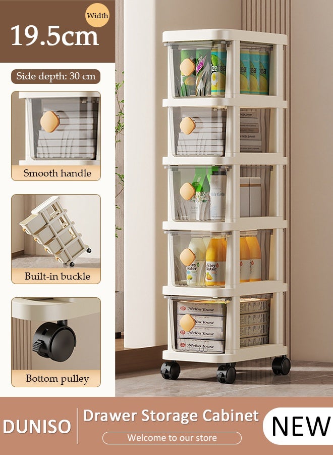 DUNISO 5-Tier Narrow Storage Cabinet with Movable Wheels Can Brake, Drawer Storage Cabinet Slim Plastic Organizer for Bathroom,Kitchen, Laundry, Ideal for Small Spaces - Image 1