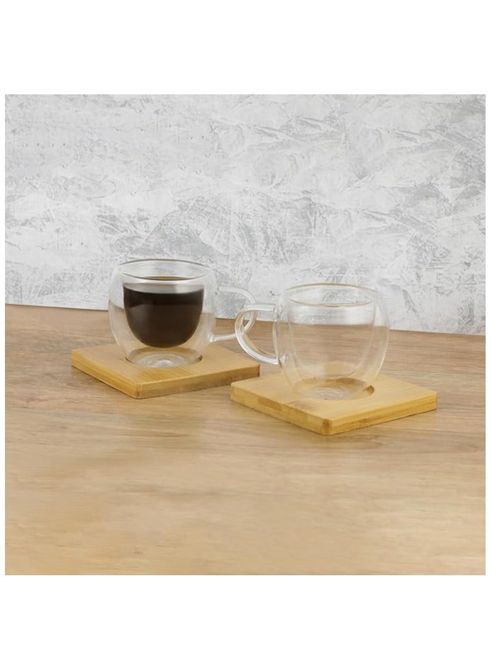 Eco-neutral Espresso cups set of 2 Kahwa cups with 2 bamboo coasters coﬀee cups are double walled vacuum insulated and made from borosilicate glass Packed in a gift box - Image 2