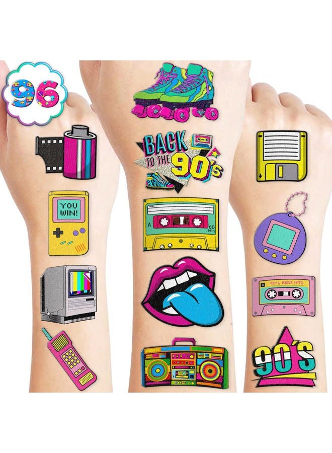 90s 80s Theme Temporary Tattoos Birthday Party Decorations Favors Supplies 8 Sheets 96 PCS Retro Super Cute Fake Tattoo Stickers Party Gifts for Kids Children Girls Boys Home Activity School Rewards - Image 1