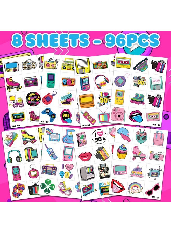 90s 80s Theme Temporary Tattoos Birthday Party Decorations Favors Supplies 8 Sheets 96 PCS Retro Super Cute Fake Tattoo Stickers Party Gifts for Kids Children Girls Boys Home Activity School Rewards - Image 3