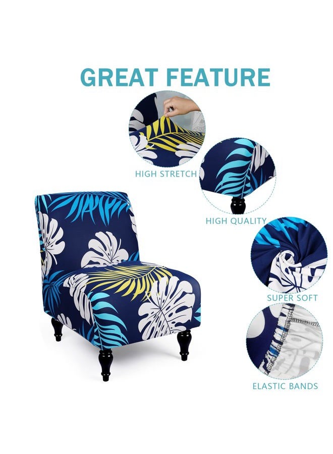 Iauddy Armless Accent Slipper Chair Cover Slipcover,Stretch Spandex Printed Removable Non-Slip Silp Cover for Accent Chair Without Arms for Living Dining Room(Navy Blue/Leaves) - Image 3
