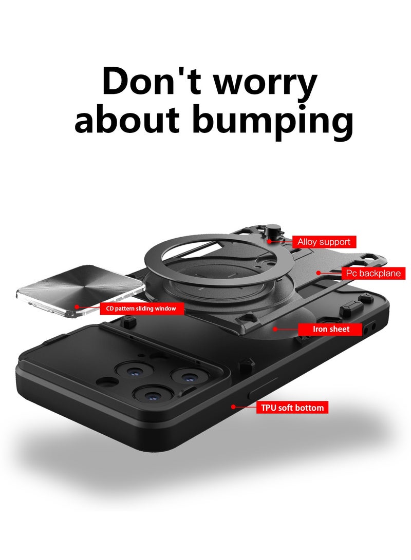 Case Cover For Apple iPhone 15 Pro Black Mobile Phone, Slide Camera Lens Cover, 360°Rotating Kickstand Ring, Bumper Shockproof Phone Case，Compatible with Car Magnetic Mount  - Image 4