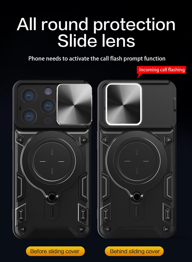 Case Cover For Apple iPhone 15 Pro Black Mobile Phone, Slide Camera Lens Cover, 360°Rotating Kickstand Ring, Bumper Shockproof Phone Case，Compatible with Car Magnetic Mount  - Image 5
