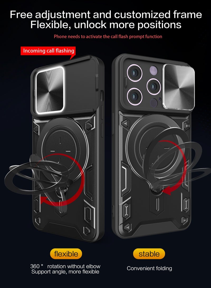 Case Cover For Apple iPhone 15 Pro Black Mobile Phone, Slide Camera Lens Cover, 360°Rotating Kickstand Ring, Bumper Shockproof Phone Case，Compatible with Car Magnetic Mount  - Image 2