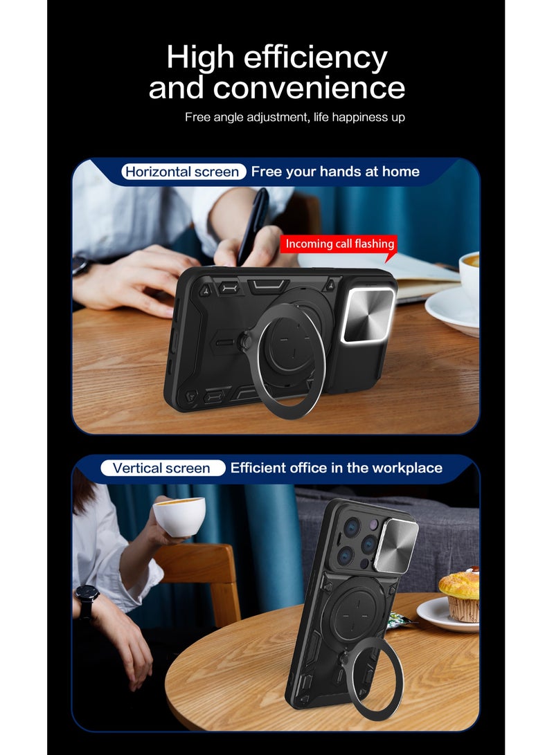Case Cover For Apple iPhone 15 Pro Black Mobile Phone, Slide Camera Lens Cover, 360°Rotating Kickstand Ring, Bumper Shockproof Phone Case，Compatible with Car Magnetic Mount