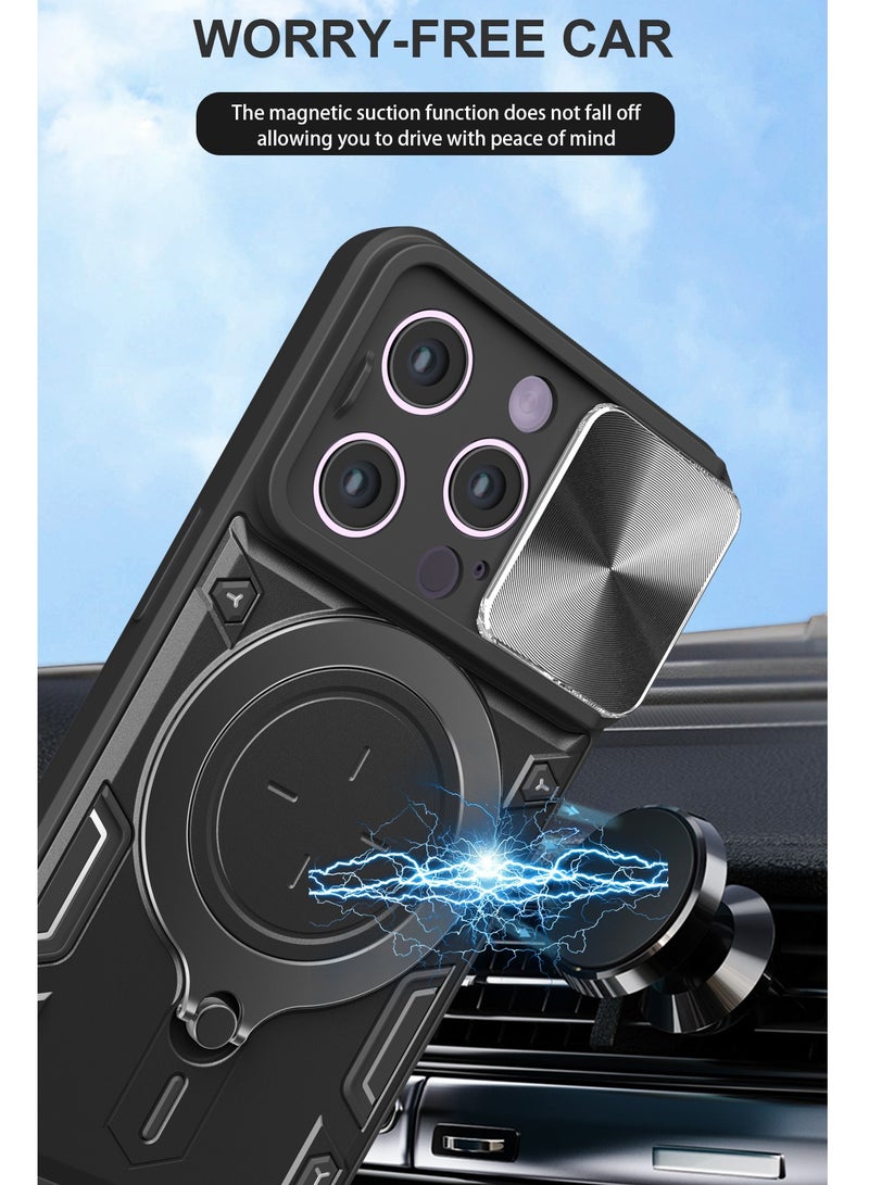 Case Cover For Apple iPhone 15 Pro Black Mobile Phone, Slide Camera Lens Cover, 360°Rotating Kickstand Ring, Bumper Shockproof Phone Case，Compatible with Car Magnetic Mount  - Image 3
