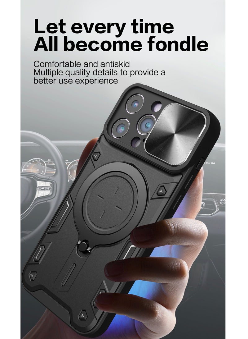 Case Cover For Apple iPhone 15 Pro Black Mobile Phone, Slide Camera Lens Cover, 360°Rotating Kickstand Ring, Bumper Shockproof Phone Case，Compatible with Car Magnetic Mount