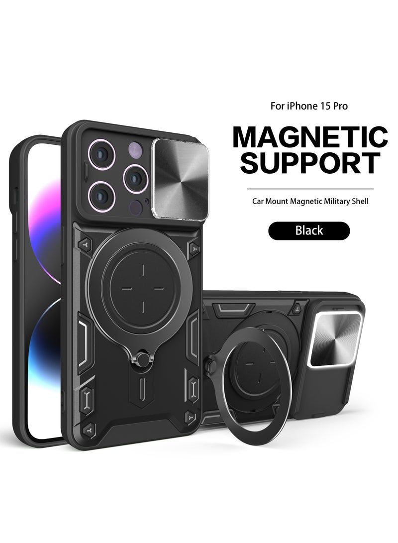 Case Cover For Apple iPhone 15 Pro Black Mobile Phone, Slide Camera Lens Cover, 360°Rotating Kickstand Ring, Bumper Shockproof Phone Case，Compatible with Car Magnetic Mount  - Image 1