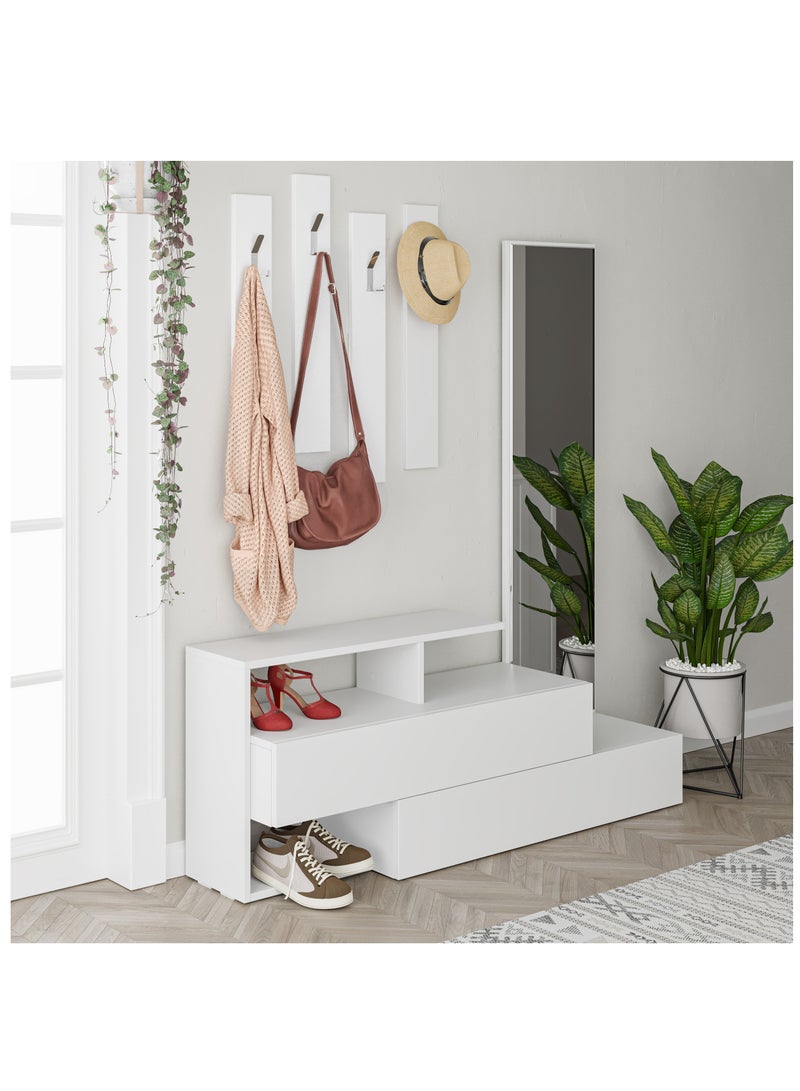 موراه خزانة أحذية موراه هوم رامدا مع مرآة - ألواح تعليق معاطف مثبتة على الحائط - مرآة كاملة الطول - 8 أزواج - منظم للسترات والحقائب والقبعات - 35 × 154 × 137 سم - أبيض - Image 2